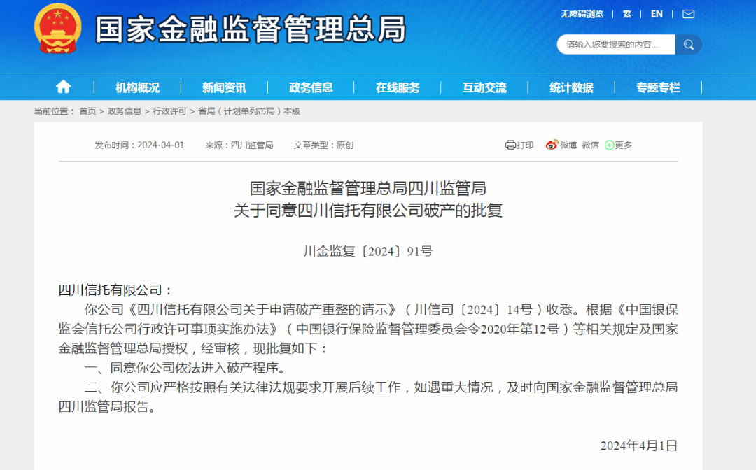 这家信托公司破产